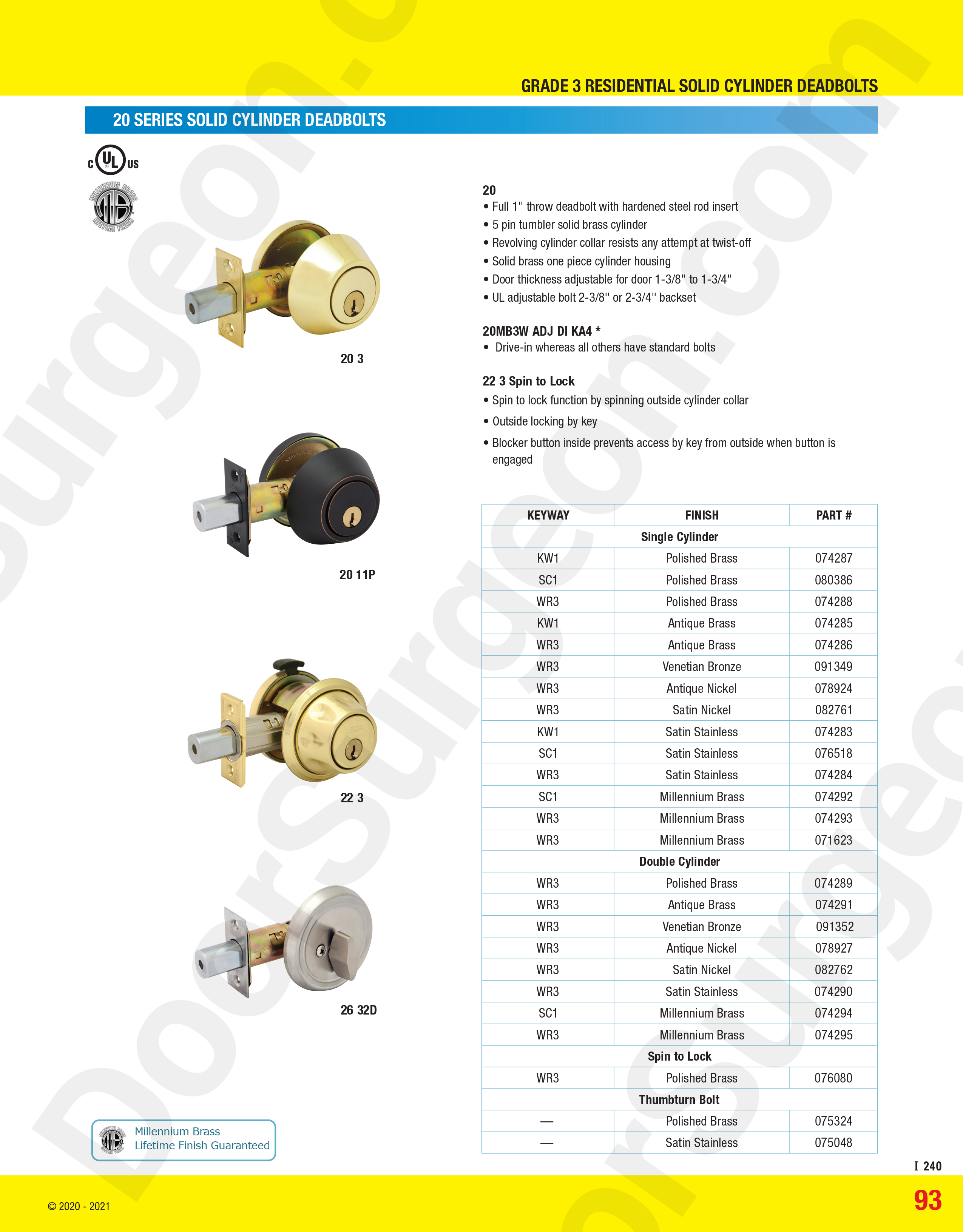 top of grade deadbolts come in silver, brass, nickle, stainless steel and venetian bronze colours, single-sided cylindar or double-sided cylindar Chestermere